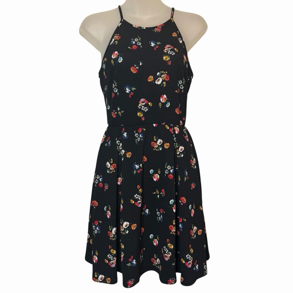 Soprano Floral Skater Dress Juniors M Black Strappy Dreamy Party Mini Dress